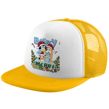 Bluey Merry Christmas, Adult Soft Trucker Hat with Yellow/White Mesh (POLYESTER, ADULT, UNISEX, ONE SIZE)