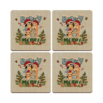 Bluey Merry Christmas, ΣΕΤ x4 Σουβέρ ξύλινα τετράγωνα plywood (9cm)