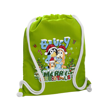 Bluey Merry Christmas, Backpack bag GYMBAG LIME GREEN, with pocket (40x48cm) & thick cords