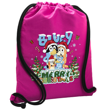 Bluey Merry Christmas, Backpack pouch GYMBAG Fuchsia, with pocket (40x48cm) & thick cords