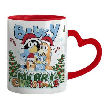 Bluey Merry Christmas, Κούπα καρδιά χερούλι κόκκινη, κεραμική, 330ml