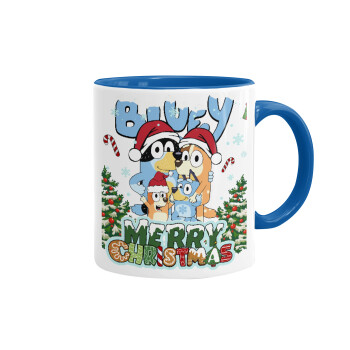 Bluey Merry Christmas, Κούπα χρωματιστή μπλε, κεραμική, 330ml