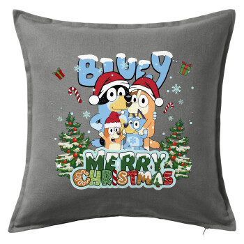 Bluey Merry Christmas, Μαξιλάρι καναπέ Γκρι 100% βαμβάκι, περιέχεται το γέμισμα (50x50cm)