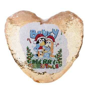 Bluey Merry Christmas, Μαξιλάρι καναπέ καρδιά Μαγικό Χρυσό με πούλιες 40x40cm περιέχεται το  γέμισμα