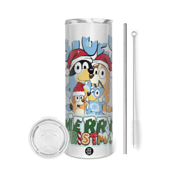 Bluey Merry Christmas, Tumbler ποτήρι θερμό από ανοξείδωτο ατσάλι 600ml, με μεταλλικό καλαμάκι & βούρτσα καθαρισμού