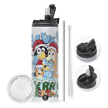 Bluey Merry Christmas, Travel Tumbler θερμό με διπλό καπάκι, μεταλλικό καλαμάκι και βούρτσα καθαρισμού (Ανωξείδωτο 304 Food grade, BPA free, 600ml)