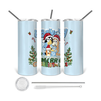 Bluey Merry Christmas, 360 Eco friendly ποτήρι θερμό (tumbler) από ανοξείδωτο ατσάλι 600ml, με μεταλλικό καλαμάκι & βούρτσα καθαρισμού