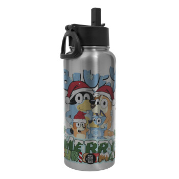 Bluey Merry Christmas, Metal mug thermo Silver with Straw and Spout Lid (Stainless steel), double wall, 950ml