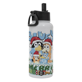 Bluey Merry Christmas, Metal mug thermo White with Straw and Spout Lid (Stainless steel), double wall, 950ml