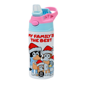 Bluey xmas family, Children's hot water bottle, stainless steel, with safety straw, Pink/BlueCiel (360ml) BPA FREE