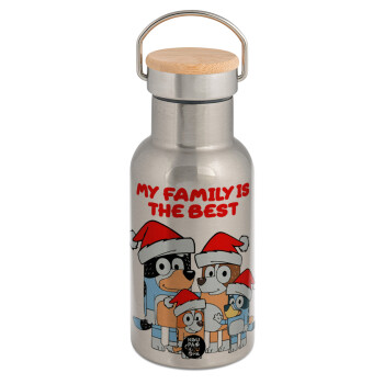 Bluey xmas family, Stainless steel metallic thermos flask, silver with a bamboo lid, double-walled, 350ml.