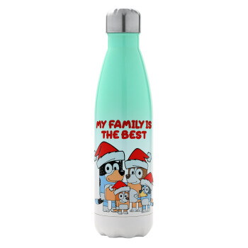 Bluey xmas family, Μεταλλικό παγούρι θερμός Πράσινο/Λευκό (Stainless steel), διπλού τοιχώματος, 500ml