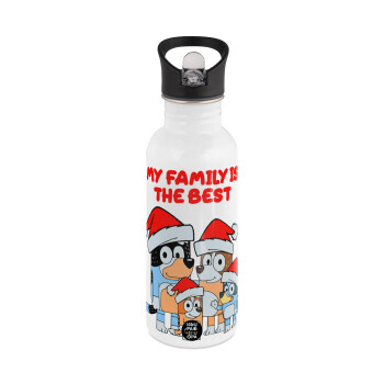 Bluey xmas family, White water bottle with straw, stainless steel 600ml