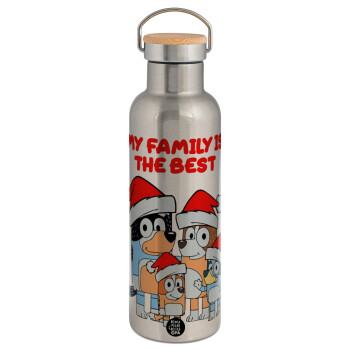 Bluey xmas family, Stainless steel Silver with wooden lid (bamboo), double wall, 750ml