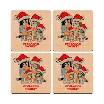 Bluey xmas family, ΣΕΤ x4 Σουβέρ ξύλινα τετράγωνα plywood (9cm)