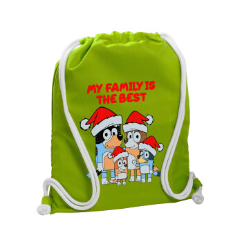 Bluey xmas family, Backpack bag GYMBAG LIME GREEN, with pocket (40x48cm) & thick cords