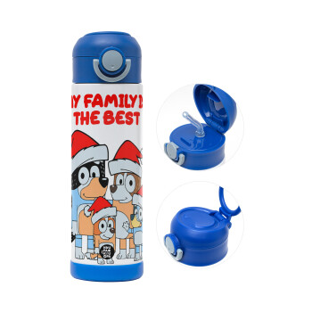 Bluey xmas family, Παιδικό παγούρι θερμό, ανοξείδωτο, με καλαμάκι ασφαλείας, ΜΠΛΕ (500ml)