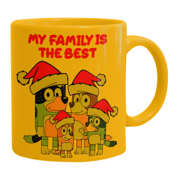 Bluey xmas family, Ceramic coffee mug yellow, 330ml