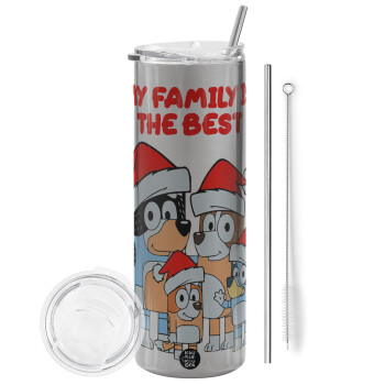 Bluey xmas family, Eco friendly stainless steel Silver tumbler 600ml, with metal straw & cleaning brush
