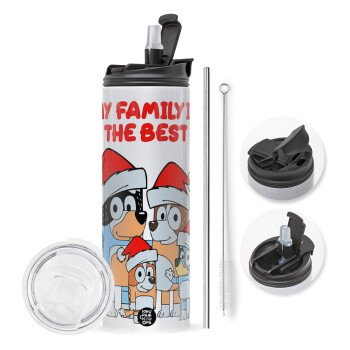 Bluey xmas family, Travel Tumbler θερμό με διπλό καπάκι, μεταλλικό καλαμάκι και βούρτσα καθαρισμού (Ανωξείδωτο 304 Food grade, BPA free, 600ml)