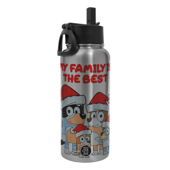 Bluey xmas family, Metal mug thermo Silver with Straw and Spout Lid (Stainless steel), double wall, 950ml