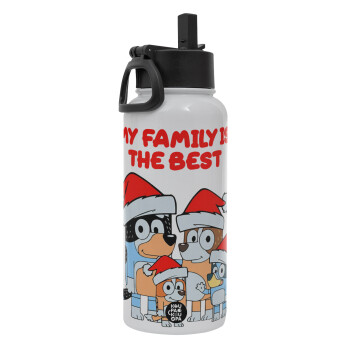 Bluey xmas family, Metal mug thermo White with Straw and Spout Lid (Stainless steel), double wall, 950ml