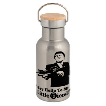 Scarface, Stainless steel metallic thermos flask, silver with a bamboo lid, double-walled, 350ml.