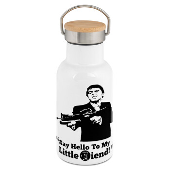 Scarface, Metallic thermos (Stainless steel) White with wooden lid (bamboo), double-walled, 350ml