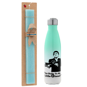 Scarface, Easter Set, Metallic green/white thermos (Stainless steel), double-walled, 500ml & scented flat Easter candle (30cm) (TURQUOISE)