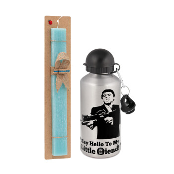 Scarface, Easter Set, metallic silver aluminum water bottle (500ml) & scented flat Easter candle (30cm) (TURQUOISE)