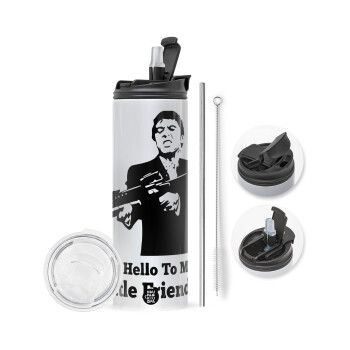 Scarface, Travel Tumbler θερμό με διπλό καπάκι, μεταλλικό καλαμάκι και βούρτσα καθαρισμού (Ανωξείδωτο 304 Food grade, BPA free, 600ml)