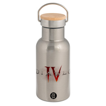 Diablo iv, Stainless steel metallic thermos flask, silver with a bamboo lid, double-walled, 350ml.