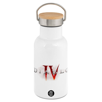 Diablo iv, Metallic thermos (Stainless steel) White with wooden lid (bamboo), double-walled, 350ml