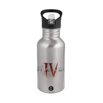 Diablo iv, Water bottle Silver with straw, stainless steel 500ml