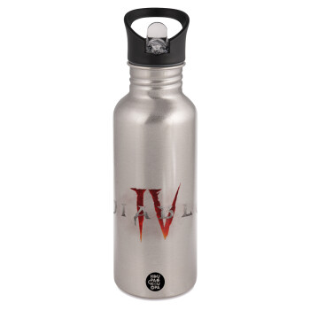 Diablo iv, Water bottle Silver with straw, stainless steel 600ml