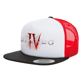 Diablo iv, Adult Foam Flat Snapback with Mesh Black-White-Red (POLYESTER, ADULT, UNISEX, ONE SIZE)