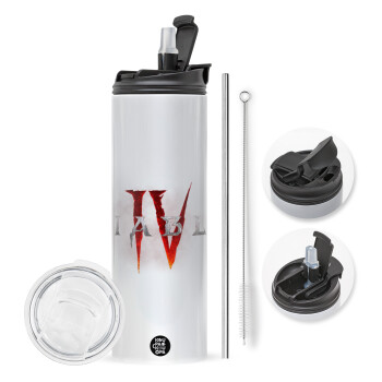 Diablo iv, Travel Tumbler θερμό με διπλό καπάκι, μεταλλικό καλαμάκι και βούρτσα καθαρισμού (Ανωξείδωτο 304 Food grade, BPA free, 600ml)