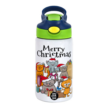 Merry Christmas Cats, Children's hot water bottle, stainless steel, with safety straw, green, blue (350ml)