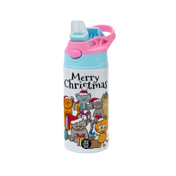 Merry Christmas Cats, Children's hot water bottle, stainless steel, with safety straw, Pink/BlueCiel (360ml) BPA FREE