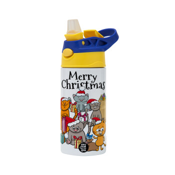 Merry Christmas Cats, Children's hot water bottle, stainless steel, with safety straw, green, blue (360ml) BPA FREE