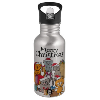 Merry Christmas Cats, Water bottle Silver with straw, stainless steel 500ml