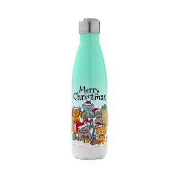 Merry Christmas Cats, Metal mug thermos Green/White (Stainless steel), double wall, 500ml