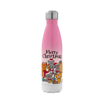 Merry Christmas Cats, Metal mug thermos Pink/White (Stainless steel), double wall, 500ml