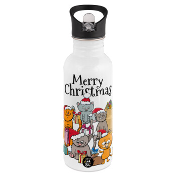 Merry Christmas Cats, White water bottle with straw, stainless steel 600ml