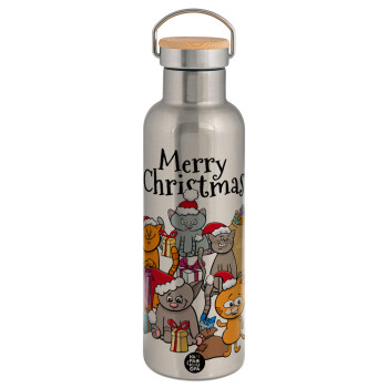 Merry Christmas Cats, Stainless steel Silver with wooden lid (bamboo), double wall, 750ml