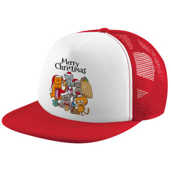 Merry Christmas Cats, Καπέλο Ενηλίκων Soft Trucker με Δίχτυ Red/White (POLYESTER, ΕΝΗΛΙΚΩΝ, UNISEX, ONE SIZE)
