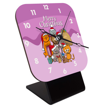 Merry Christmas Cats, Quartz Wooden table clock with hands (10cm)