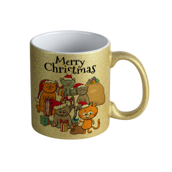 Merry Christmas Cats, Κούπα Χρυσή Glitter που γυαλίζει, κεραμική, 330ml