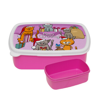 Merry Christmas Cats, ΡΟΖ παιδικό δοχείο φαγητού (lunchbox) πλαστικό (BPA-FREE) Lunch Βox M18 x Π13 x Υ6cm