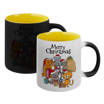 Merry Christmas Cats, Κούπα Μαγική εσωτερικό κίτρινη, κεραμική 330ml που αλλάζει χρώμα με το ζεστό ρόφημα (1 τεμάχιο)